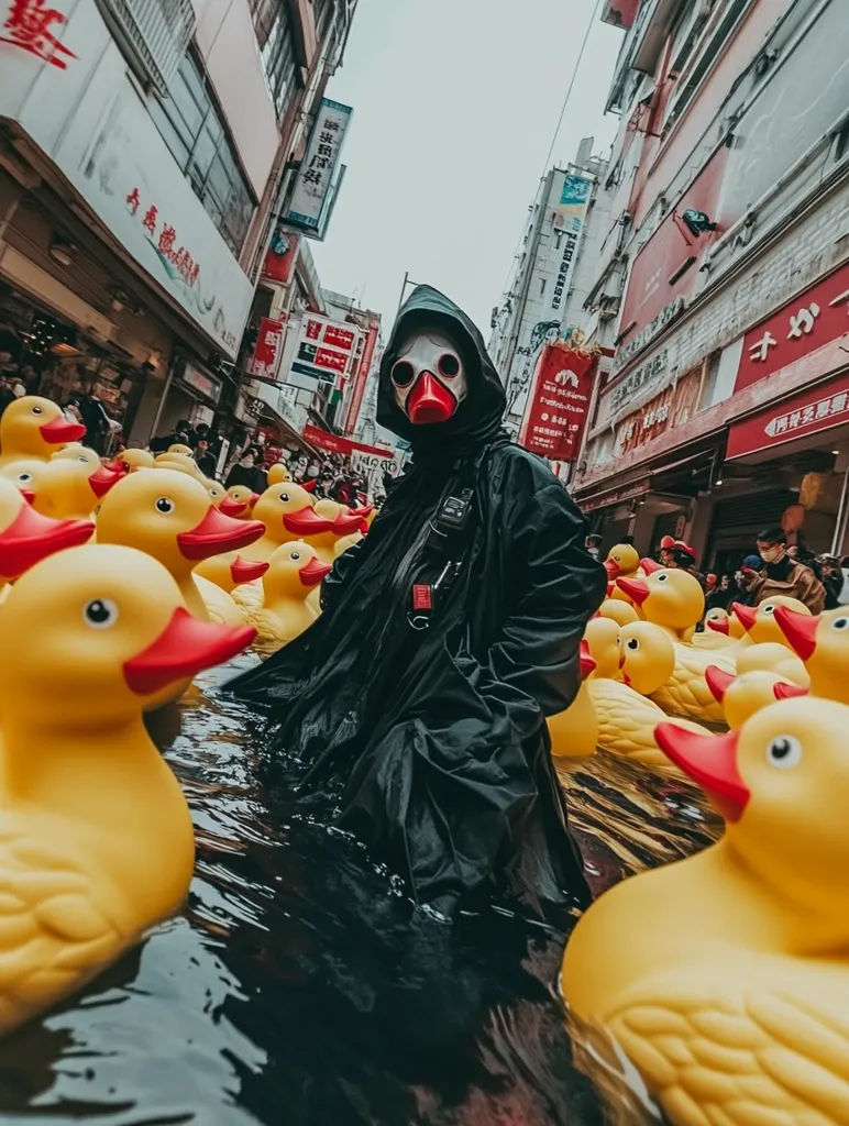 A person wearing a black hooded raincoat and a red and black gas mask stands knee-deep in a flood of yellow rubber ducks. The scene is set in a narrow, Asian street with buildings lining both sides.  The person appears to be calmly wading through the waterlogged street, surrounded by hundreds of floating ducks.  The contrast between the dark figure and the bright yellow ducks creates a striking visual. The overall ambiance is mysterious and slightly surreal.