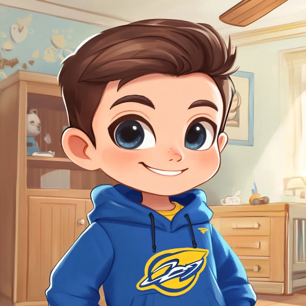 Here's a description of the image:

The illustration depicts a charming chibi-style boy with large, expressive blue eyes and a warm smile. He has short brown hair styled upwards and is wearing a vibrant blue hoodie adorned with a yellow and blue logo featuring a stylized spaceship or comet.  The boy is positioned in what appears to be his bedroom, with hints of a dresser and other children's items subtly visible in the background, contributing to a cozy and playful atmosphere.  The art style is clean and bright, with soft shading and a focus on the character's endearing features.