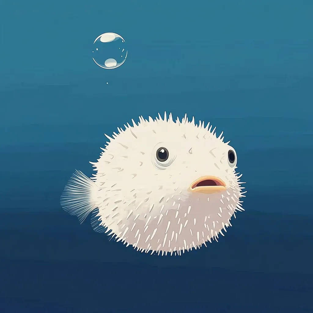 Here's a description of the image:

The illustration shows a white pufferfish, rendered in a stylized, almost cartoonish manner, against a deep teal blue background.  The fish is depicted with large, expressive eyes and an open mouth, giving it a slightly surprised or curious expression. Its body is covered in short, spiky projections, and a small, fin-like tail is visible. A single, perfectly round air bubble floats above and slightly to the left of the fish, adding to the underwater scene's tranquility. The overall style is clean and minimalist.