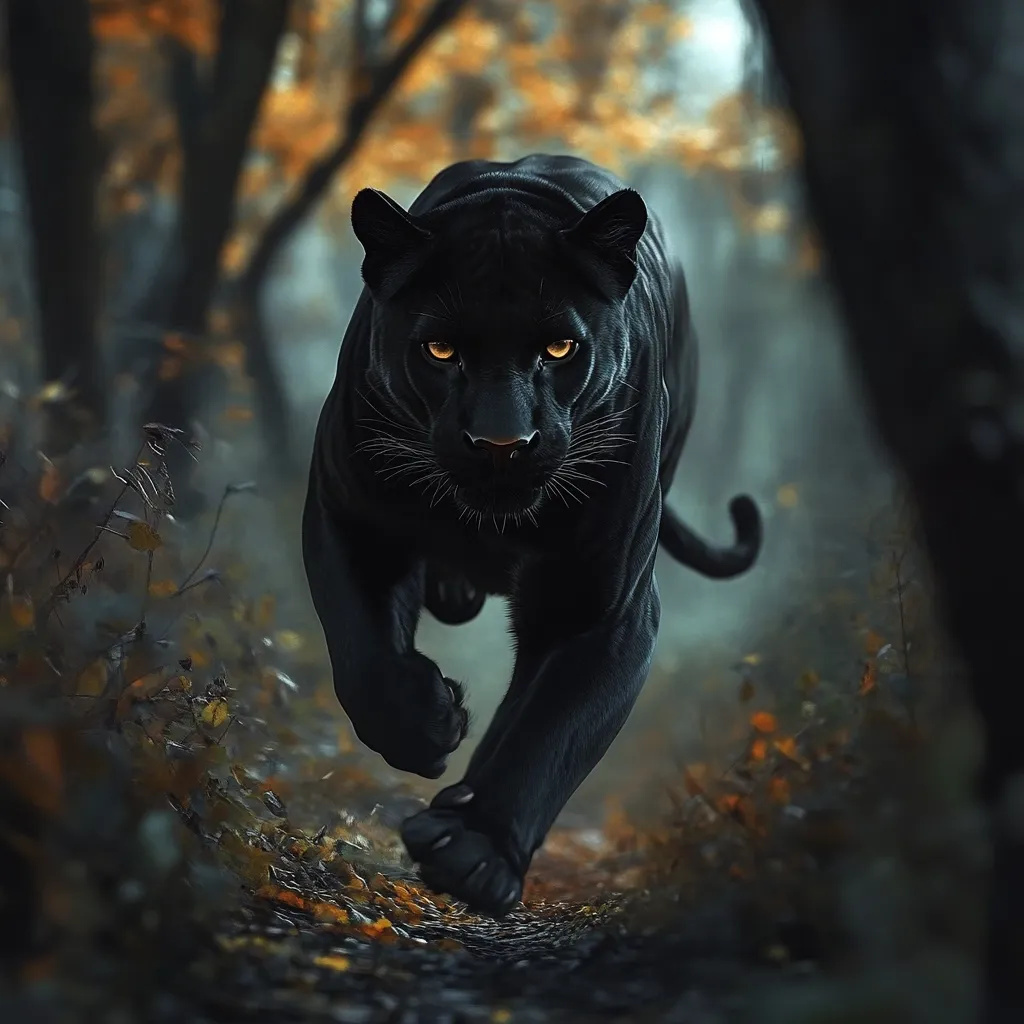 A majestic black panther, its fur a deep, inky black contrasting with its piercing amber eyes, strides purposefully towards the viewer.  The setting is a dimly lit forest path, autumnal hues of orange and brown barely visible through the surrounding foliage. The panther's powerful muscles are tense, its gaze intense, creating a sense of both beauty and untamed power.  The image's depth of field focuses sharply on the panther, blurring the background into a soft, atmospheric backdrop.