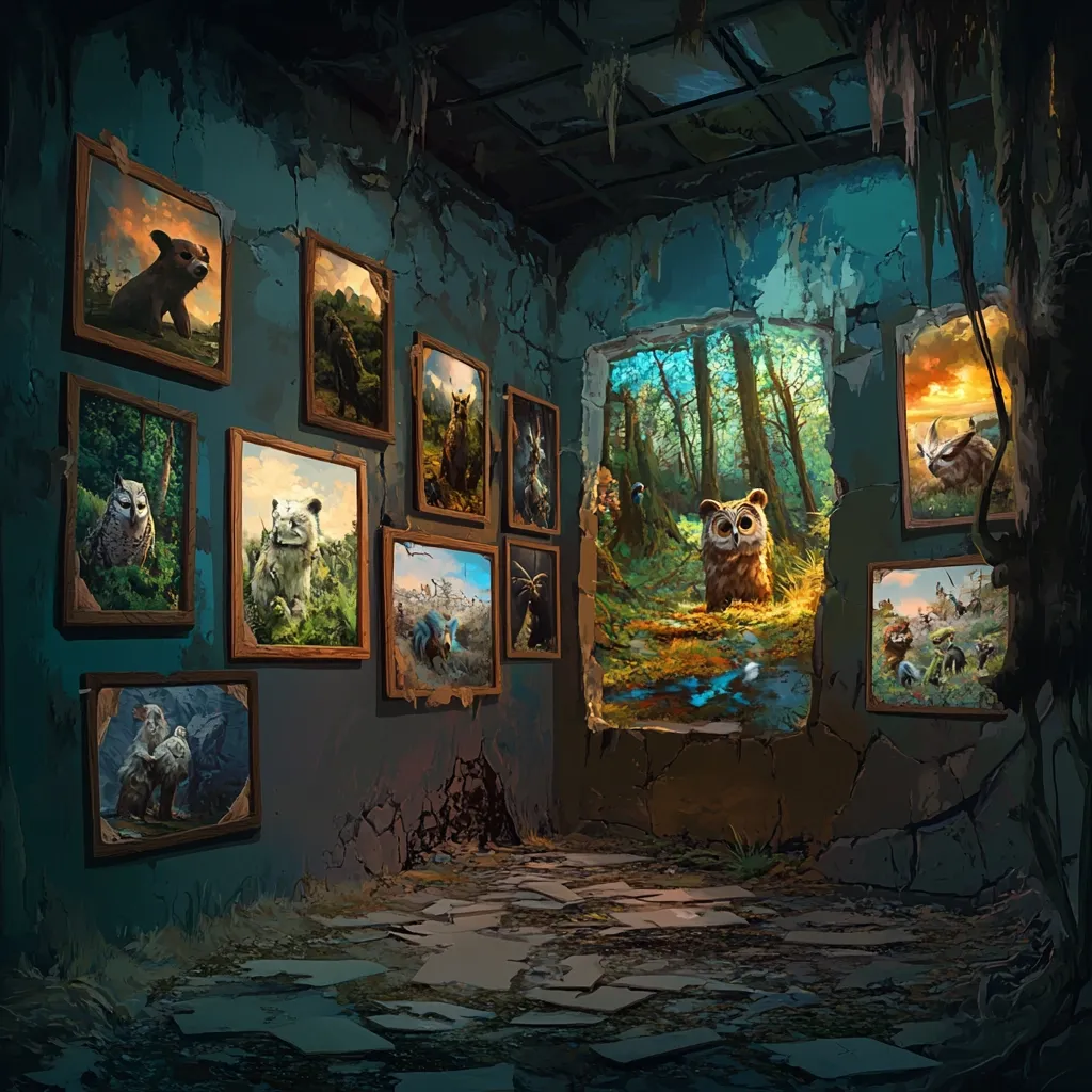 A dilapidated, dimly lit room, possibly a gallery, features numerous framed paintings depicting various fantastical creatures in diverse forest settings.  The walls are crumbling, revealing the aged stone beneath.  A large window or opening in one wall provides a view into a lush, sun-dappled forest, mirroring the artwork's themes.  The overall mood is mysterious and evocative, hinting at a forgotten place where nature and art intertwine.  The lighting emphasizes the contrast between the decaying interior and the vibrant outdoor scene.