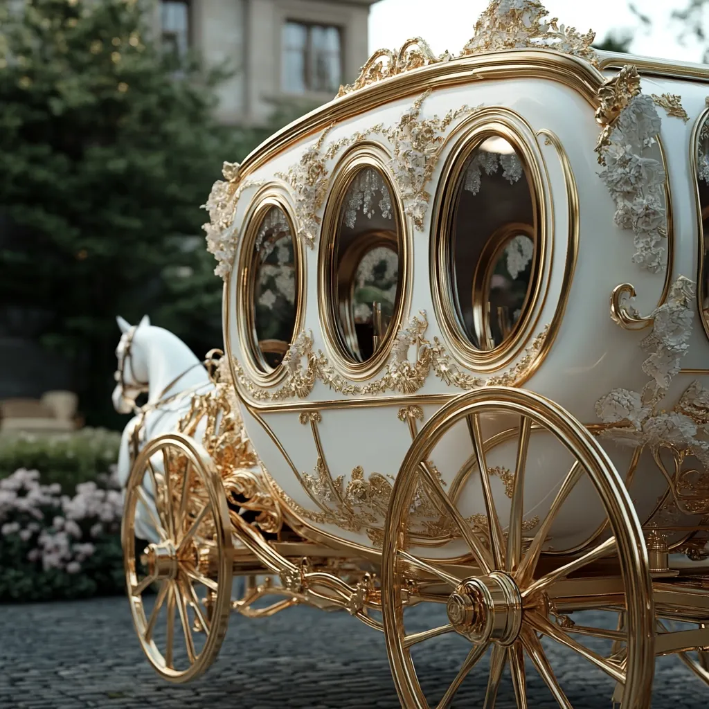 A regal white and gold horse-drawn carriage, or landau, is the focus of this image.  Ornate gold detailing adorns the carriage's body, which features several oval windows. The carriage is pulled by a white horse, partially visible. The setting appears to be a paved area in front of a building, with lush greenery in the background, suggesting a stately or elegant location. The overall impression is one of luxury and grandeur.