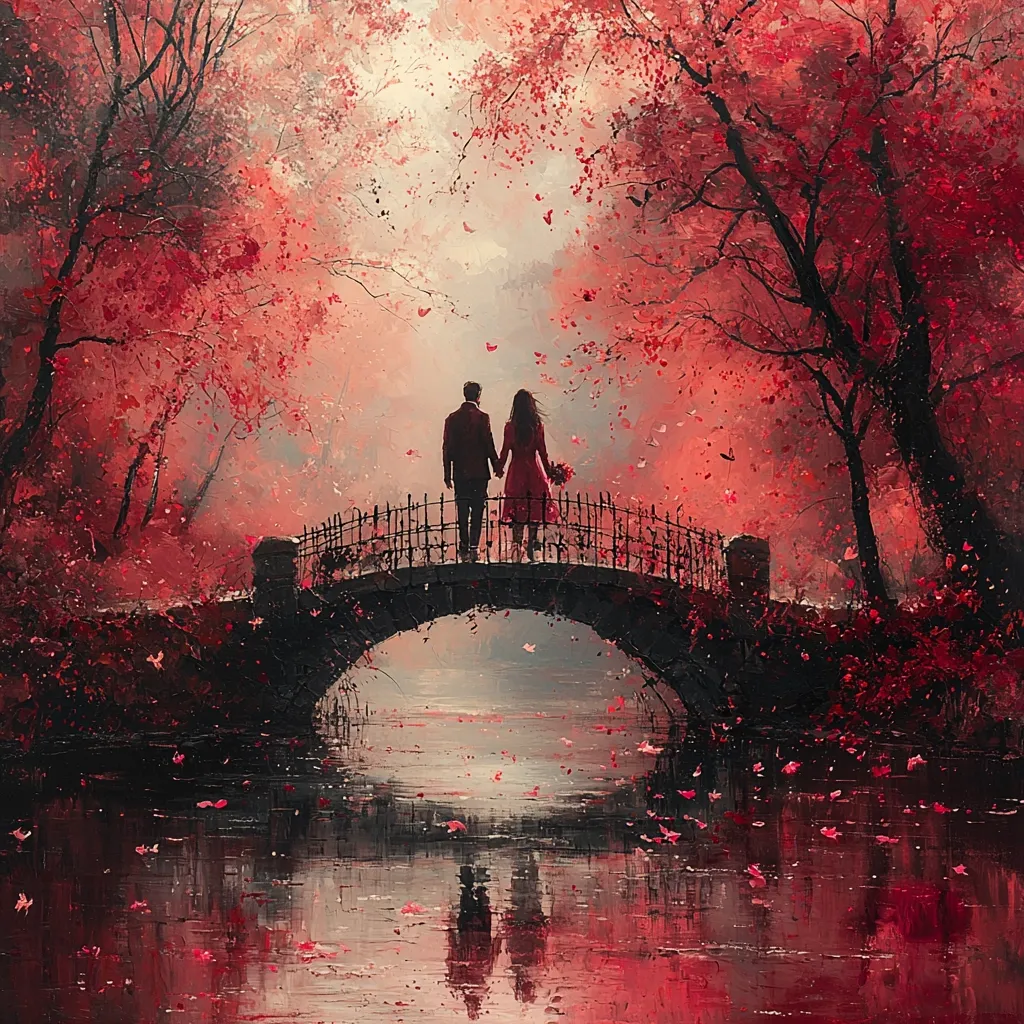 A romantic painting depicts a couple, hand-in-hand, standing on a stone bridge. They are silhouetted against a backdrop of a serene, crimson-hued landscape.  Autumnal trees with fiery red leaves frame the bridge, which arches over a calm, reflective water.  Falling leaves and butterflies add a touch of magic to the ethereal scene. The overall mood is one of quiet intimacy and peaceful autumnal beauty.