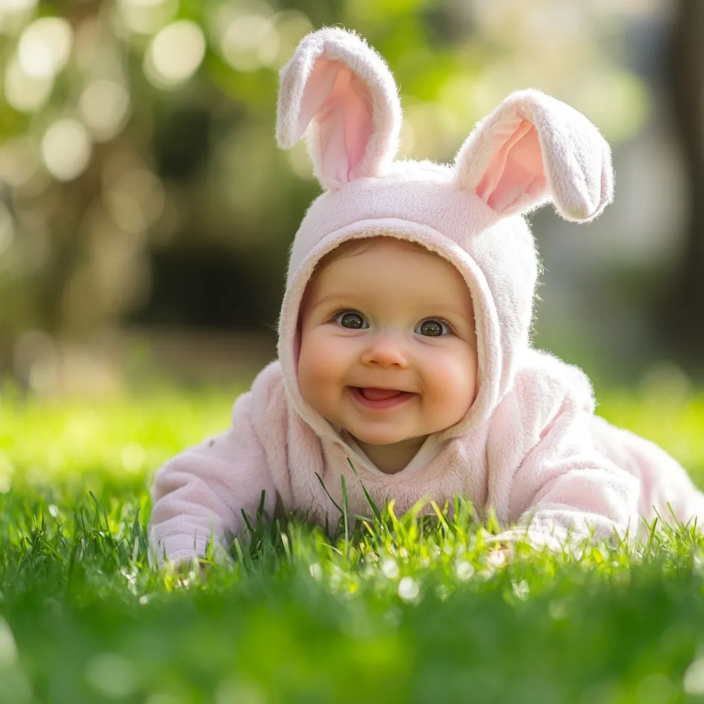 Here is a description of the image:

A cheerful baby, wearing a light pink bunny costume, is captured lying on its tummy in vibrant green grass. The soft, plush bunny hood with long ears frames the baby's face, enhancing its adorable expression.  The baby's eyes are wide and bright, and a genuine smile illuminates its features. The background is softly blurred, focusing attention on the baby and creating a bokeh effect from the out-of-focus greenery.  The overall image is bright and cheerful, conveying a sense of springtime joy.