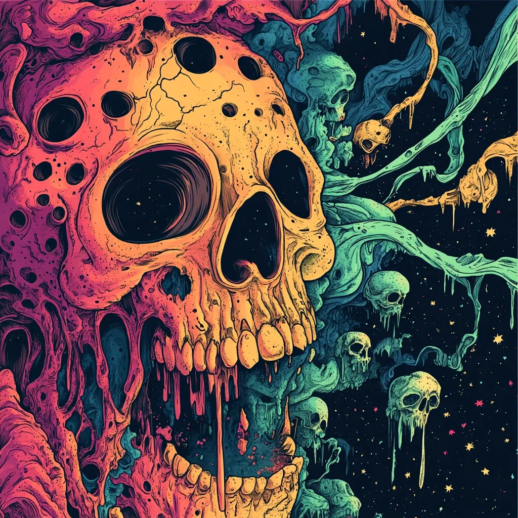 A vibrant, psychedelic illustration features a large, decaying skull as its central focus.  The skull is rendered in warm, melting oranges and yellows, its eye sockets filled with a starry void.  Surrounding it, smaller skulls drip from swirling, teal tendrils against a dark, cosmic backdrop sprinkled with stars. The overall style is surreal and detailed, with a strong contrast between the skull's intense colors and the darker, ethereal background. The image evokes a sense of both decay and cosmic wonder.