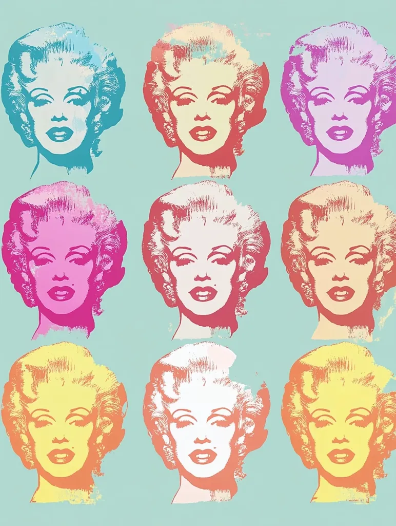 Here's a description of the image:

The image showcases a grid of nine depictions of Marilyn Monroe's head and shoulders. Each portrait is rendered in a distinct, vibrant color—shades of pink, teal, orange, and yellow—against a pale teal background.  The style is Pop Art, characterized by bold outlines, simplified features, and a repetitive, almost screen-printed effect.  The variations in color create a visually striking and playful effect, highlighting the iconic image of Monroe in a multifaceted way. The slight variations in each image contribute to a sense of both unity and individual expression.