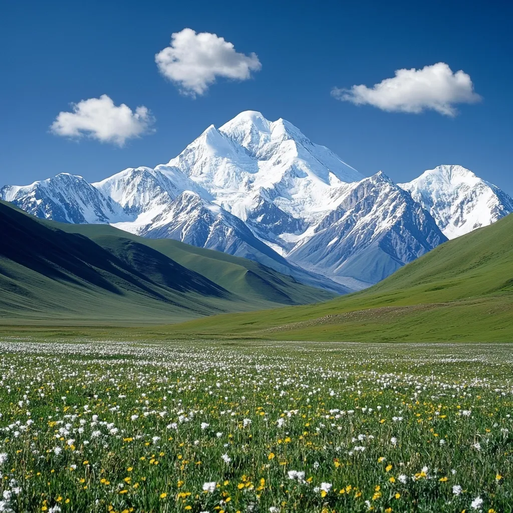 Here is a description of the image:

A breathtaking vista unfolds, showcasing a majestic snow-capped mountain range under a vibrant blue sky dotted with fluffy white clouds.  The foreground is a vibrant meadow bursting with wildflowers, primarily white, scattered across a lush green field.  Rolling green hills, gently sloping towards the imposing mountains, create a dramatic contrast between the foreground's tranquility and the mountain's grandeur.  The scene exudes serenity and showcases the beauty of nature in its untamed splendor.