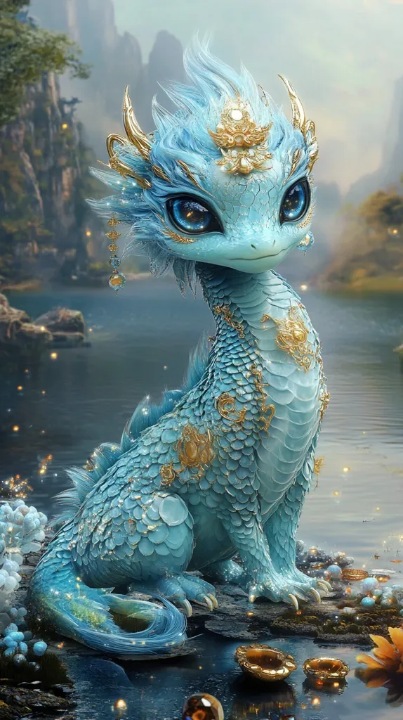 A captivating digital painting showcases a baby dragon, its scales a delicate shade of blue adorned with golden embellishments.  Large, expressive eyes and a crown-like headpiece add to its enchanting appearance. The dragon sits serenely by a tranquil body of water, surrounded by glowing orbs and flowers, creating a magical, ethereal atmosphere. The background features misty mountains, enhancing the fantasy setting. The overall style is highly detailed and reminiscent of fantasy artwork.