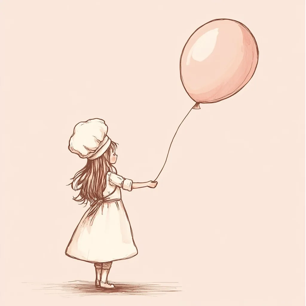 Here's a description of the image:

The illustration depicts a charming young girl, possibly a baker, judging by her chef's hat, standing in profile view. She's dressed in a simple, elegant white dress and holds a pale pink balloon on a string, her gaze following it as it floats gently away. The style is reminiscent of delicate line drawings, with soft shading, giving it a whimsical, nostalgic feel. The overall color palette is muted, with creamy beige and soft rose tones, contributing to a peaceful and dreamy atmosphere. The background is a plain, light peach color, focusing attention on the girl and her balloon.