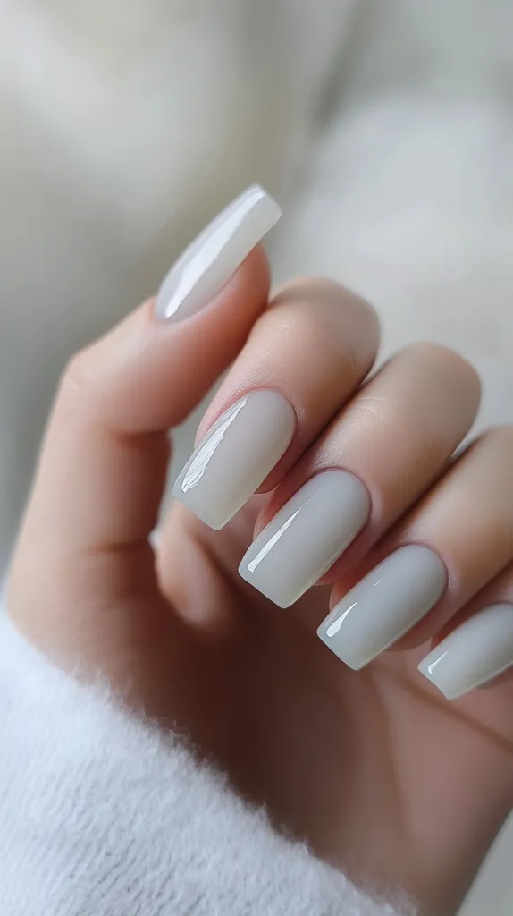 Here's a description of the image:

Close-up view of a hand with neatly manicured nails painted a soft, off-white or light beige shade. The nails are long and have a square shape.  The hand rests gently against a fluffy white garment, possibly a sweater. The overall impression is one of elegance and simplicity. The lighting is soft and diffused, highlighting the subtle sheen of the nail polish.