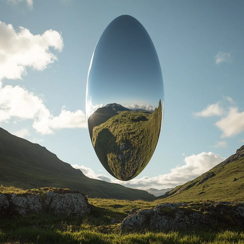 A large, ovular, mirrored sculpture hovers over a serene landscape.  The reflective surface perfectly mirrors the surrounding rolling green hills and bright blue sky dotted with fluffy white clouds. The setting appears idyllic and peaceful, with the sculpture acting as a striking, otherworldly centerpiece. The contrast between the natural landscape and the futuristic object creates a captivating visual. Sunlight glints off the sculpture, adding to its ethereal quality.