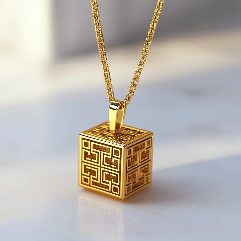 Here's a description of the image:

Close-up view of a gold necklace with a unique pendant. The pendant is a cube-shaped design with an intricate geometric pattern etched into its surface, resembling a stylized maze or labyrinth. The gold is shiny and reflects light. The chain is a delicate, linked style.  The necklace is displayed on a light-colored, subtly textured surface, with soft background lighting. The overall impression is one of elegance and sophistication.