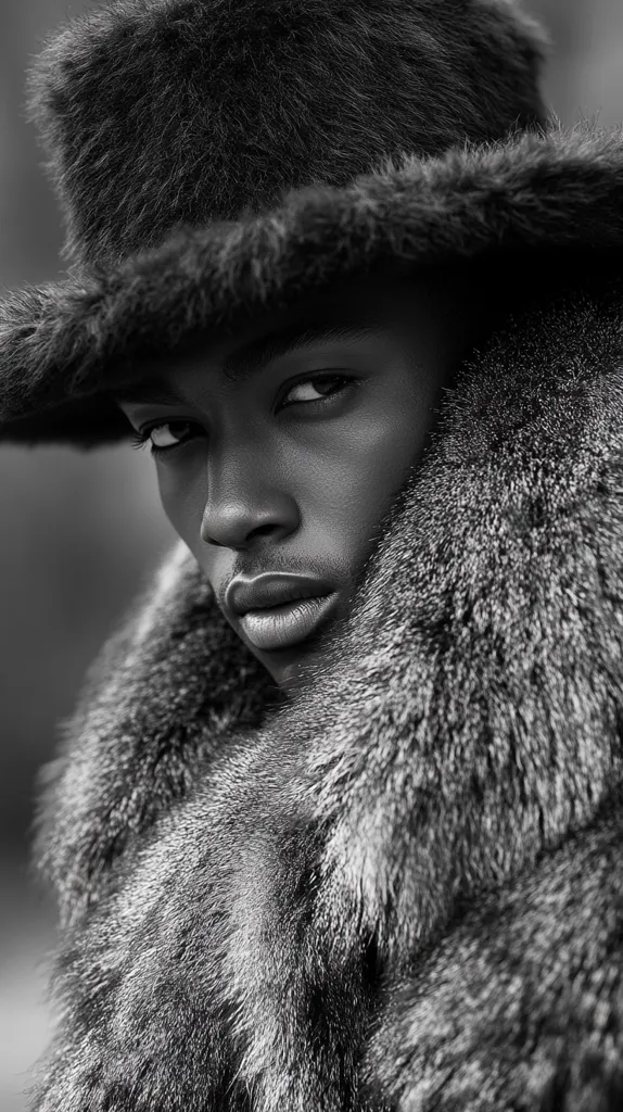 Here's a description of the image:

The black and white close-up shot features a young man with dark skin, partially obscured by a large, furry hat and thick fur collar. The hat, seemingly made of dark, shaggy fur, casts a shadow over his eyes, revealing only his intense gaze and strong facial features. His lips are full and slightly parted, giving him a serious, almost brooding expression.  The fur collar is lighter in tone, providing a textural contrast. The overall mood is mysterious and dramatic, enhanced by the monochrome palette and the focus on the model's intense stare.