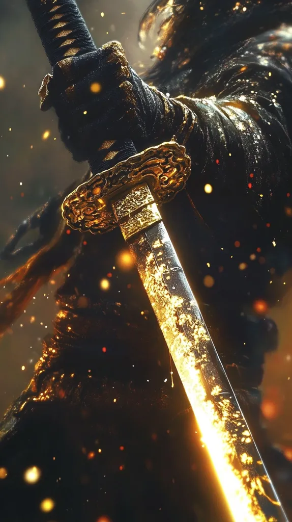 Close-up view of a person's hand gripping a katana, a Japanese sword. The sword's hilt is ornately designed with gold detailing, contrasting with the dark, almost black, scabbard and the warrior's attire.  Sparks and embers surround the blade, creating a dramatic and fiery ambiance. The image suggests a scene of intense action or combat, possibly from a video game or fantasy setting. The overall aesthetic is dark, powerful, and visually striking.