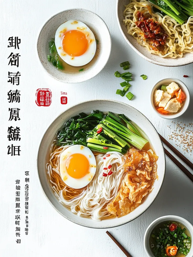 Here's a description of the image:

The image showcases a visually appealing food presentation, likely a recipe illustration. Three bowls are featured: one contains a soft-boiled egg in broth; another presents a noodle soup with greens, more soft-boiled eggs, and crispy fried elements; and a third shows noodles with a dark, savory topping and greens.  A small bowl of what appears to be tofu and vegetables is also visible, along with chopsticks and some chopped scallions. The background is minimalist and white, allowing the food's vibrant colors to stand out.  Chinese characters are prominent on the side, likely relating to the recipe or the dish's name.  The overall aesthetic is clean, modern, and food-focused.