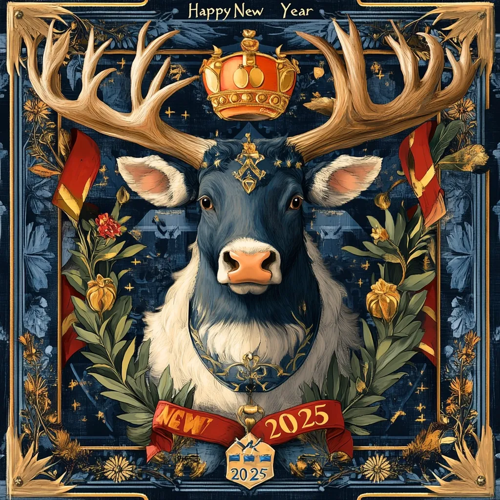 This ornate, stylized image celebrates the New Year 2025. A majestic deer, predominantly dark blue and white, is centrally featured, adorned with a golden crown above and a medal bearing "2025" below.  Intricate floral arrangements and ribbons in rich reds and golds frame the deer's portrait.  The background is a dark blue, textured to resemble aged tapestry or painting, adding to the antique, regal feel. The overall style is reminiscent of medieval or Renaissance artwork.