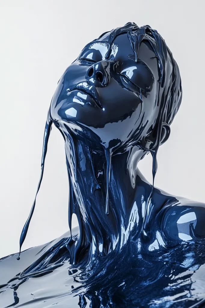 Here's a description of the image:

The image showcases a striking artistic rendering of a female head and torso seemingly sculpted from, or submerged in, a deep blue, viscous liquid. The liquid drapes and flows realistically, accentuating the form's curves and contours.  The subject's eyes are closed, suggesting serenity or perhaps a state of transformation. The overall effect is one of both beauty and surrealism, a captivating blend of fluidity and sculpted form. The background is a simple, unblemished white, drawing all attention to the central figure.