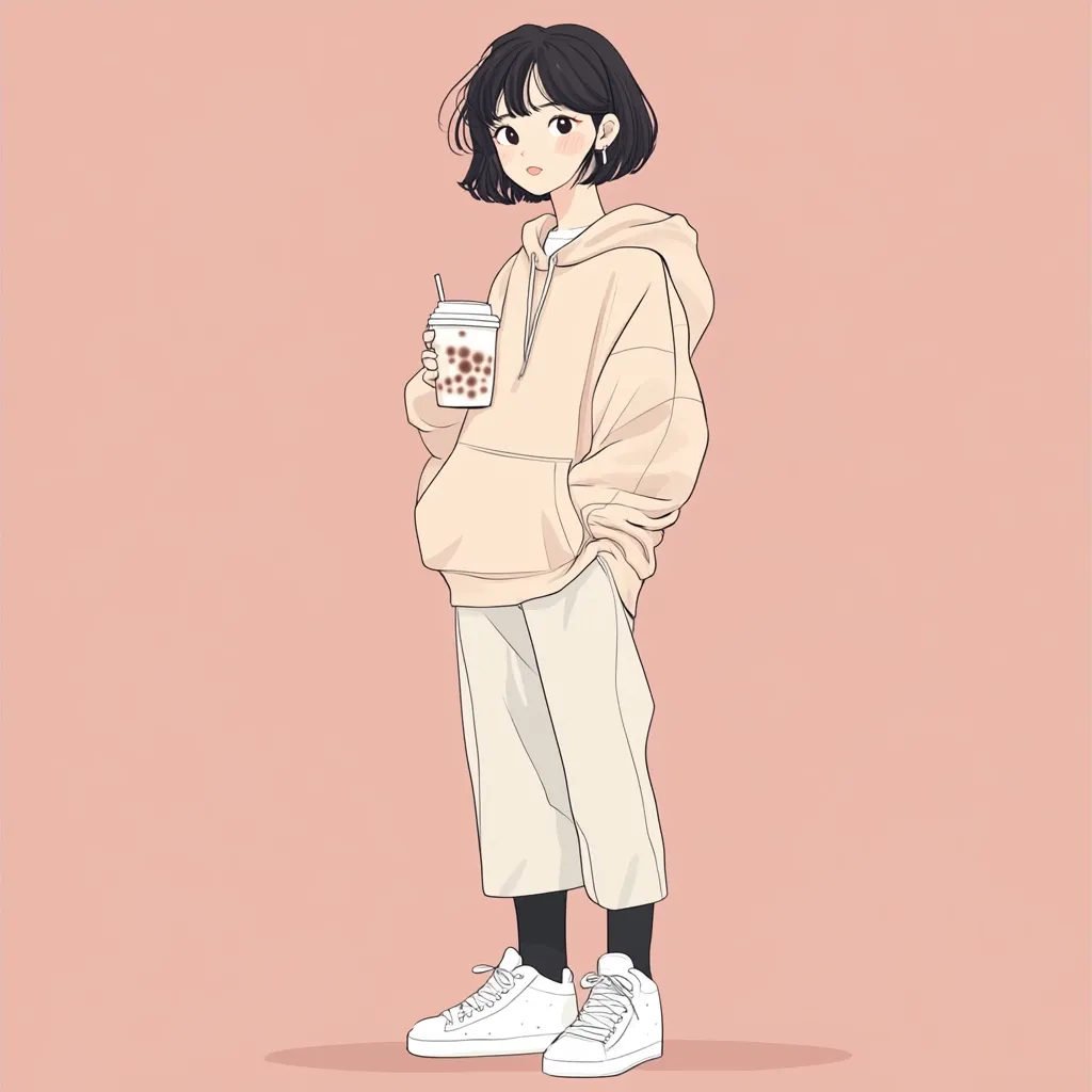 The illustration depicts a young woman with short black hair, styled in a casual yet fashionable manner. She's wearing a light beige oversized hoodie, cream-colored cropped trousers, and white sneakers.  A subtle blush graces her cheeks.  She holds a cup of bubble tea, adding to the relaxed, everyday feel. The background is a muted, warm pink, complementing the overall soft aesthetic. The style is reminiscent of contemporary anime or manga art.