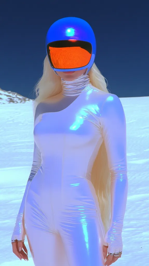 A woman with long blonde hair wears a futuristic, iridescent white bodysuit and a bright blue helmet with an orange visor. The helmet's visor reflects an intense orange glow.  She stands in a snowy landscape, the clear blue sky providing a stark contrast to her outfit and the white snow. The overall aesthetic is sleek, modern, and slightly otherworldly.