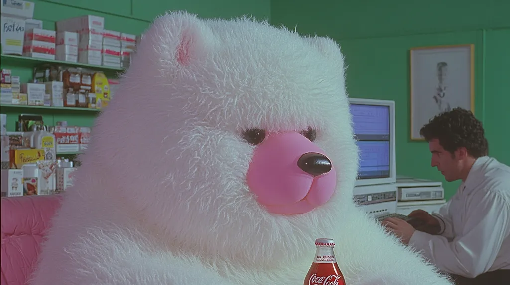 A large, fluffy white teddy bear with pink accents sits in a pink chair in a brightly lit room.  A man in a white shirt works at a computer in the background. Shelves stocked with various products line a wall. The bear holds a Coca-Cola bottle. The overall scene is vibrant and slightly surreal, with a retro aesthetic. The color palette is predominantly pastel greens and pinks.
