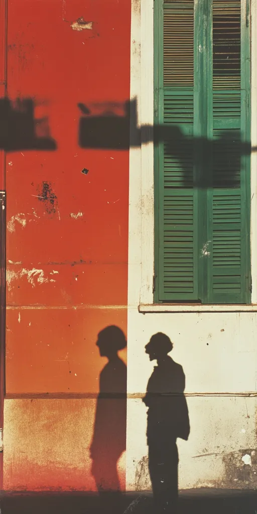 Here's a description of the image:

The photograph captures two distinct shadows of individuals cast against a wall, divided by a stark white stripe.  The shadows are positioned side-by-side, seemingly engaged in conversation. The backdrop consists of a weathered, orange wall to the left and a cream-colored wall to the right, with a worn, green-shuttered window between them. The shadows and the aged textures of the wall create a sense of mystery and quiet observation. The scene is bathed in sunlight, emphasizing the contrasts of color and shadow.