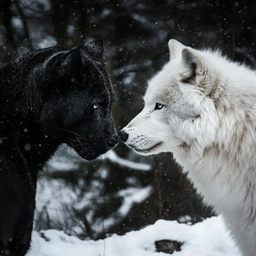 Here's a description of the image:

The photograph showcases a striking contrast between a sleek, black panther and a majestic, white arctic wolf.  The animals face each other, their noses nearly touching, in a snowy winter setting.  Snowflakes gently fall around them, adding to the atmospheric depth.  The dark background of trees creates a dramatic backdrop, highlighting the animals' starkly contrasting coats. The image evokes a sense of quiet tension or perhaps an unexpected truce between two powerful predators.