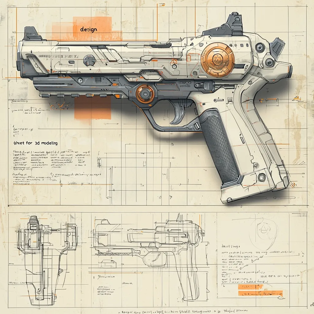 This image showcases a detailed design sheet for a futuristic handgun.  A large, rendered illustration of the weapon dominates the top, showing off its off-white body, orange accents, and intricate mechanical details. Below, technical drawings provide side, top, and cross-sectional views, complete with measurements and annotations suggesting 3D modeling specifications.  The overall style blends artistic rendering with engineering blueprints, creating a visually appealing and informative design document.