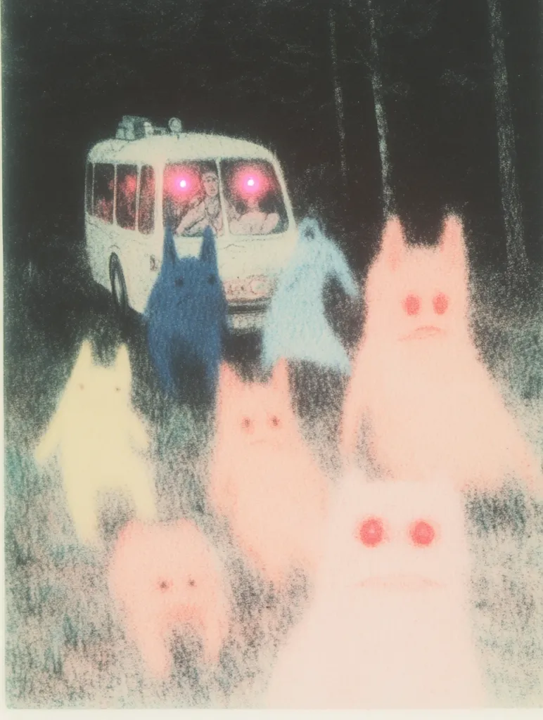 Here's a description of the image:

The artwork depicts a surreal nighttime scene. A white van, its passengers glowing with red eyes, is the focal point.  Surrounding the van are several amorphous, pastel-colored creatures, resembling simplified animals or ghosts, each with simple features and glowing red eyes. The style is reminiscent of children's drawings, yet imbued with an unsettling atmosphere due to the glowing eyes and indistinct forms. The background is dark and indistinct, contributing to the mysterious and slightly unnerving tone. The overall impression is one of whimsical strangeness.