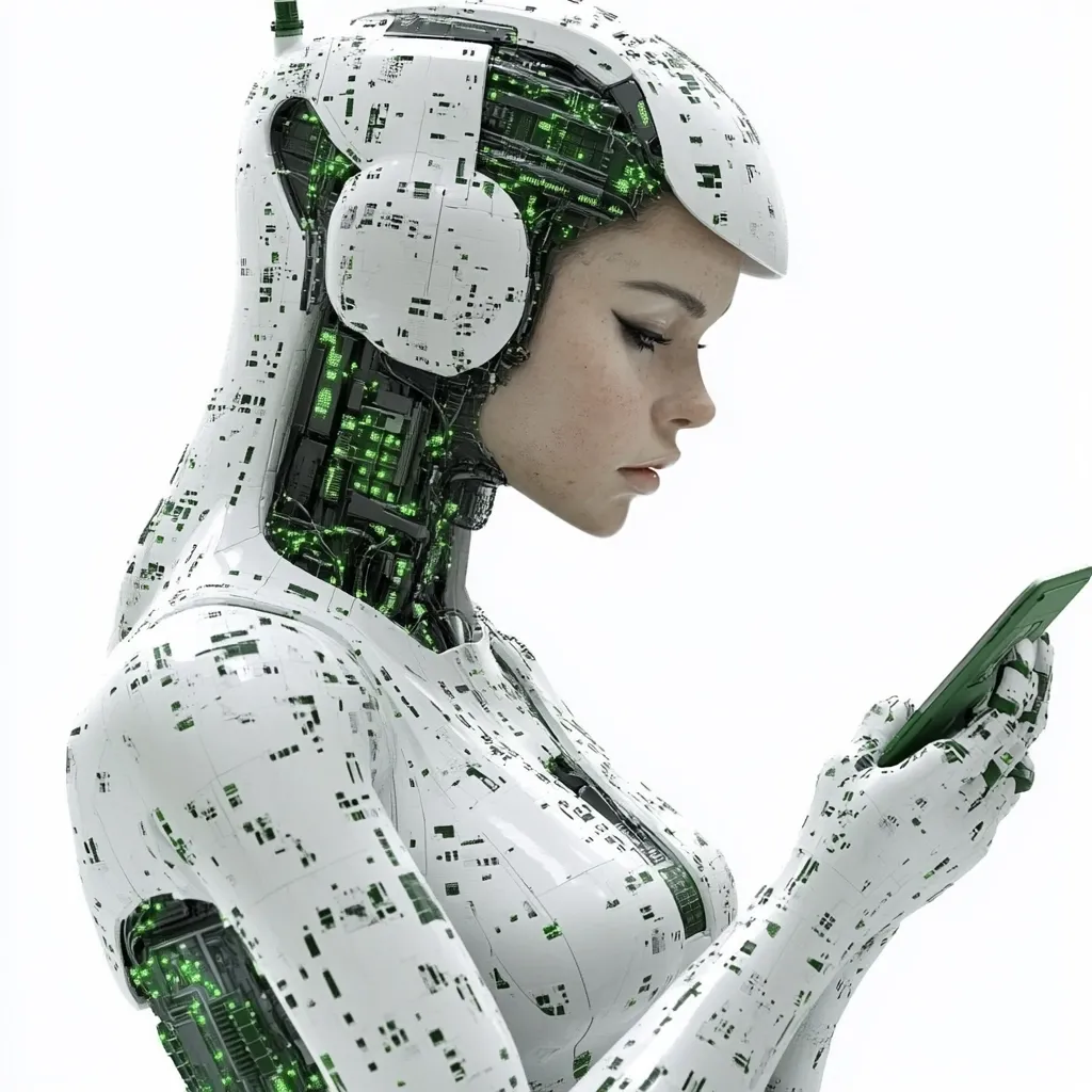 The image shows a cyborg woman, her body a blend of human-like features and exposed circuitry.  Her white exoskeleton is intricately detailed with green glowing lines suggesting internal wiring. She wears a helmet that appears to be part of her mechanical structure.  She's looking down, engrossed in using a dark-colored smartphone, her hands exhibiting the same mechanical-organic design as her body. The overall style is futuristic and somewhat minimalist, with a sharp focus on the detail of the cyborg's construction.
