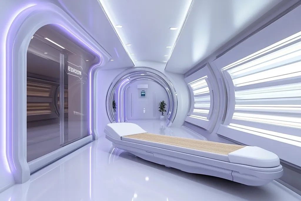 A futuristic medical facility is depicted, featuring sleek, white walls and floors.  Lavender-hued lighting accents the curved architecture.  A central, low-slung examination bed dominates the foreground, its light-colored surface contrasting with a wood-toned insert.  In the background, a glass-walled room labeled "EULASOON" is visible, suggesting a treatment chamber. The overall design is clean, minimalist, and technologically advanced, creating a sterile yet calming atmosphere.