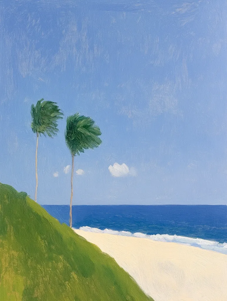 A tranquil beach scene is depicted in a painting. Two palm trees, their fronds slightly bent by a gentle breeze, stand on a verdant hillside overlooking a serene, blue ocean.  The sand is a pale, creamy color, and a few small, soft waves lap the shore. The sky is a clear, light blue, with only a few wispy clouds. The overall style is impressionistic, with visible brushstrokes contributing to the peaceful, idyllic atmosphere.