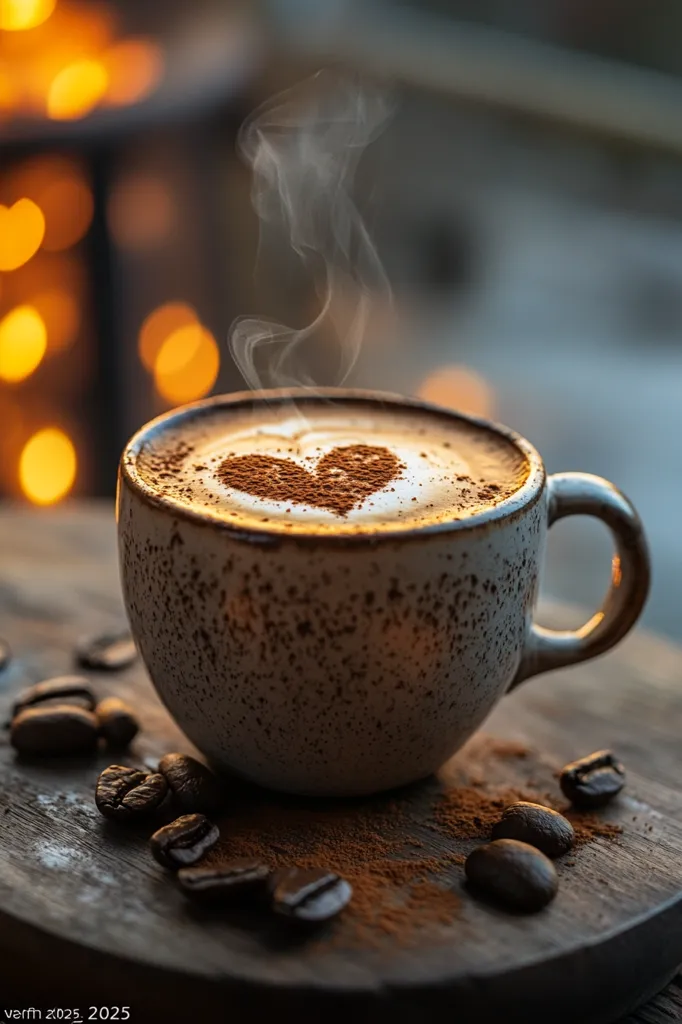 Here's a description of the image:

A steaming cup of cappuccino sits on a dark wooden surface, surrounded by coffee beans and a dusting of cocoa powder.  The cappuccino features a heart-shaped design in cinnamon on its frothy surface. The cup is speckled beige and off-white, and has a curved handle. The background is blurred but shows warm, golden bokeh lights, suggesting a cozy, firelit setting. The overall mood is warm, inviting, and romantic.