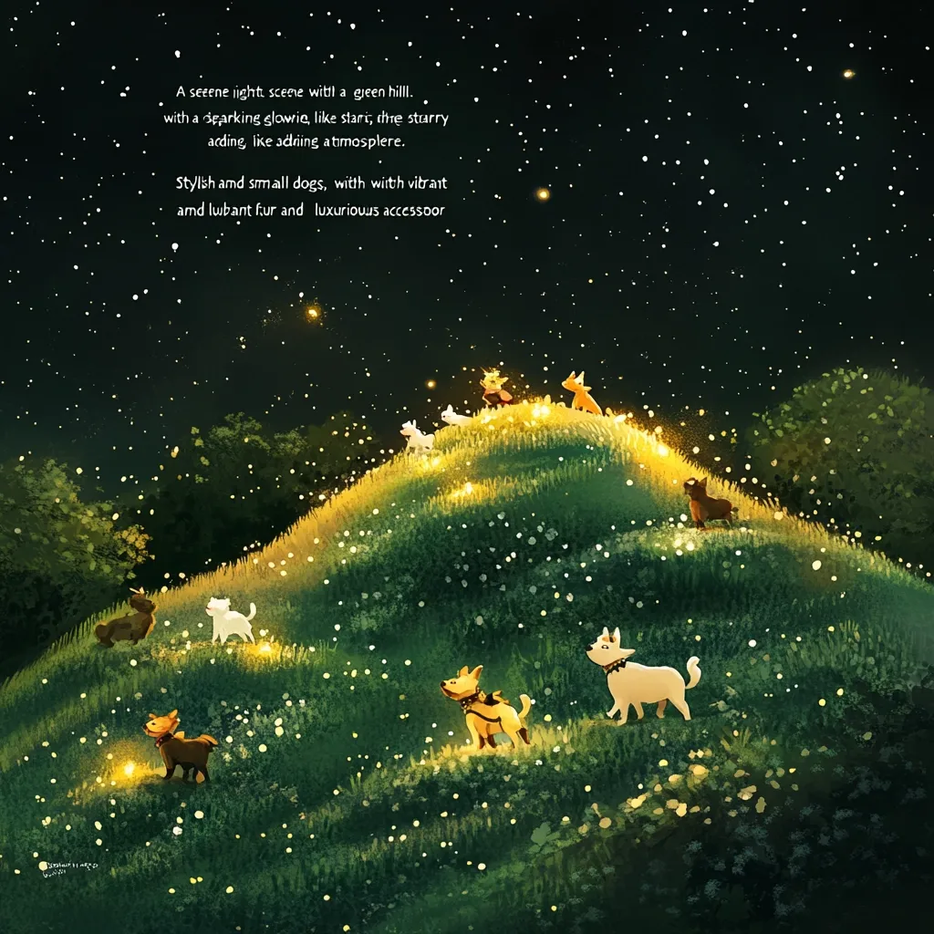 A serene nighttime scene depicts a green hill under a starry sky, illuminated by sparkling lights resembling fireflies.  Small, stylish dogs with vibrant, lush fur and luxurious accessories stroll across the hill.  The overall mood is peaceful and magical, enhanced by the soft glow of the lights and the dark, velvety background. The image evokes a sense of whimsy and adventure.