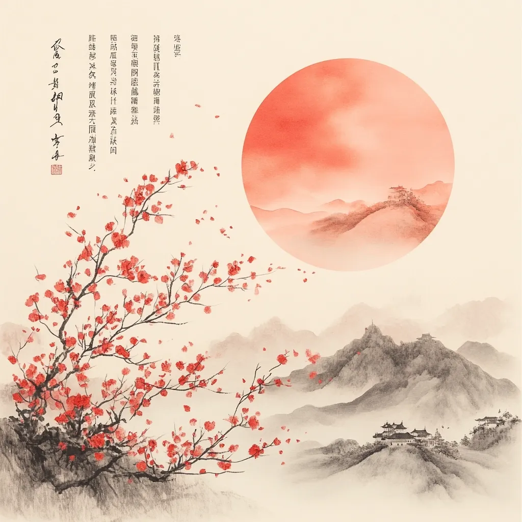 Here's a description of the image:

The artwork is a serene East Asian-style painting, likely watercolor or ink, depicting a minimalist landscape.  A blossoming plum tree with delicate red flowers dominates the left, its branches reaching towards a large, hazy, reddish-orange circle suggesting a sun or moon.  Misty mountains and a small village nestled within them are rendered in shades of grey and black, contrasting the warmer tones.  The overall effect is peaceful and contemplative, enhanced by flowing calligraphy on the left.  The style evokes traditional ink wash painting.
