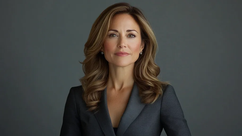 Here is a description of the image:

The photo shows a woman with shoulder-length light brown hair styled in loose waves. She is wearing a dark gray blazer and small earrings. Her expression is serious and direct, making eye contact with the viewer. The background is a solid, muted gray.  The image is a professional headshot, likely for business or media purposes, emphasizing her poise and confidence. The lighting is soft and even, highlighting her features without harsh shadows.