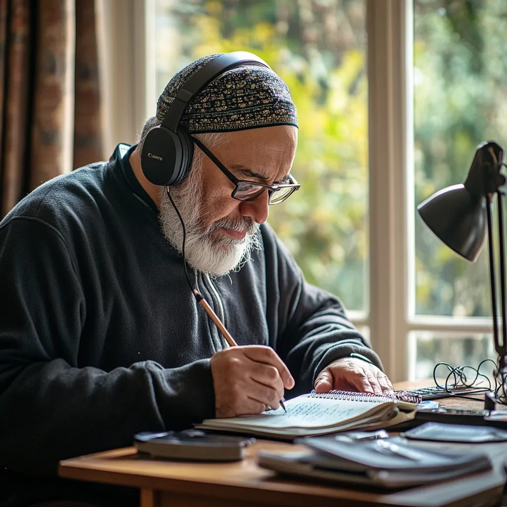 Here's a description of the image:

Close-up view of an older man with a beard and glasses, wearing a dark-colored kufi cap and over-ear headphones. He's seated at a wooden desk, intently writing in a notebook with a pencil.  A desk lamp illuminates his work area, and other items like a calculator and additional papers are visible on the desk. The background features a window with a blurred view of an outdoor setting, suggesting a home office environment. The overall mood is one of quiet concentration and thoughtful writing.