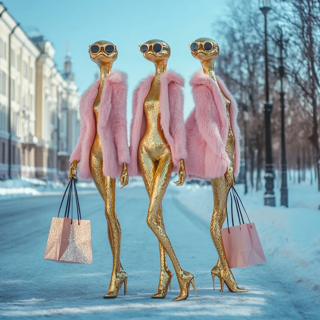 Three gold, serpentine figures in pink fur coats and sunglasses stride down a snowy city street, each carrying a light pink shopping bag.  They are stylized mannequins, possibly a modern art installation, showcasing a blend of high fashion and unexpected, whimsical design. The background features a blurred-out cityscape and trees, providing a contrast to the bold, eye-catching figures in the foreground.