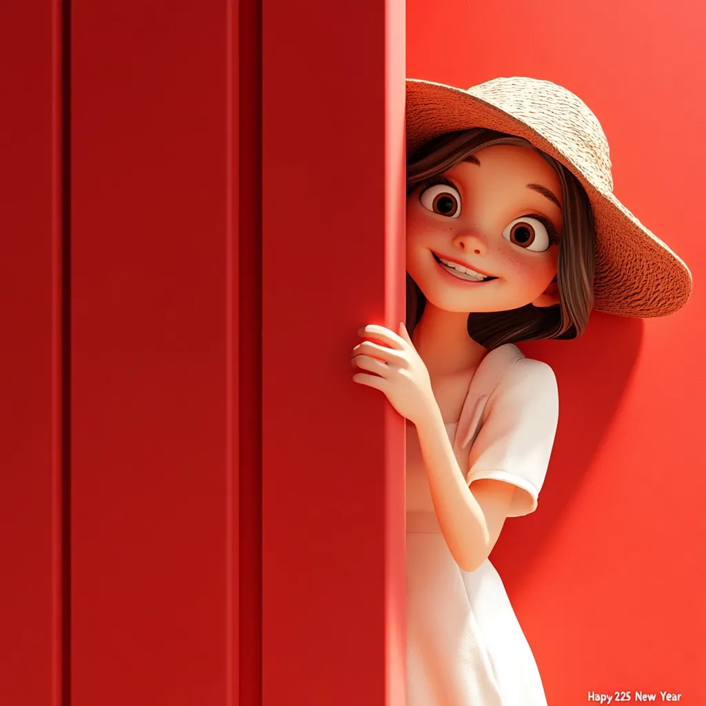 Here's a description of the image:

A cheerful, cartoon-style girl peeks from behind a vibrant red door or wall.  She wears a wide-brimmed straw hat and a simple white dress. Her large, expressive eyes and bright smile convey a sense of playfulness and intrigue. The scene is brightly lit, highlighting the girl's features and the smooth texture of the red surface. The bottom right corner subtly includes the text "Happy 225 New Year," suggesting a celebratory or festive context.  The overall style is clean and modern, with a focus on bright colors and charming character design.