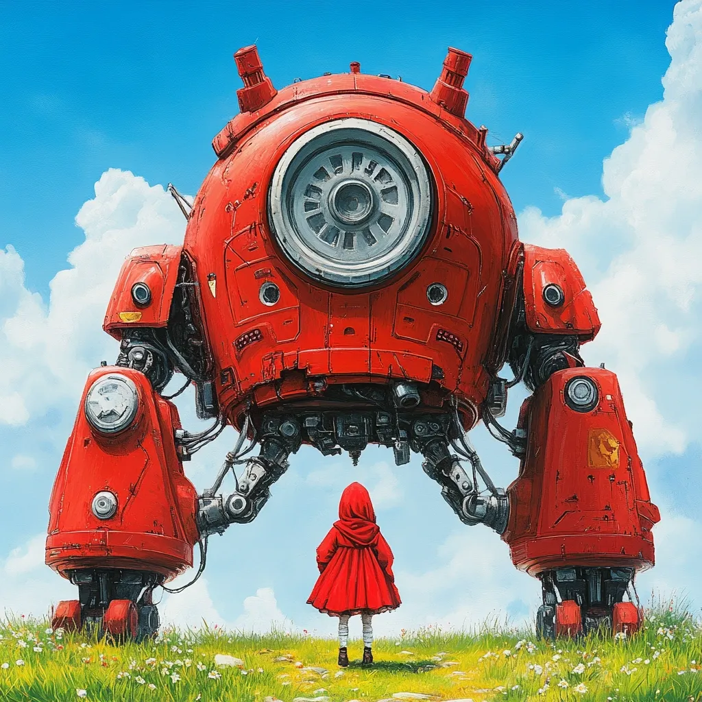A little girl in a red hooded cloak stands before a colossal, rusty red robot under a bright blue sky dotted with fluffy white clouds. The robot, with a large central circular feature, dwarfs the child, its mechanical legs splayed wide.  The scene is idyllic yet slightly surreal, suggesting a whimsical juxtaposition of innocence and advanced technology. The grassy field where they stand adds to the peaceful, dreamlike atmosphere.
