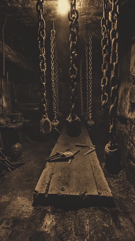 Here's a description of the image:

The sepia-toned photograph depicts a dimly lit, subterranean workshop.  Heavy, rusty chains hang from the ceiling, each terminating in a large, dark weight. A weathered wooden workbench sits in the center, sparsely scattered with old tools. The atmosphere is dark, gritty, and suggestive of age and disuse, evoking a sense of forgotten industry or craftsmanship. The overall impression is one of somber, quiet history within a confined, underground space.