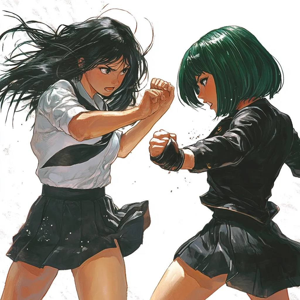 Here's a description of the image:

The illustration depicts two young women, seemingly schoolgirls, locked in a fierce, close-quarters combat. One has long, flowing black hair and wears a white, collared shirt with a dark tie and a pleated black skirt.  The other sports short, vibrant green hair and is clad in a black leather-like jacket over a similar pleated skirt. Both are intensely focused, their fists raised in fighting stances.  The dynamic poses and the expressive faces create a sense of intense action and rivalry, set against a simple white background with subtle dust-like effects. The style is reminiscent of manga or anime, with a focus on dynamic linework and expressive character design.