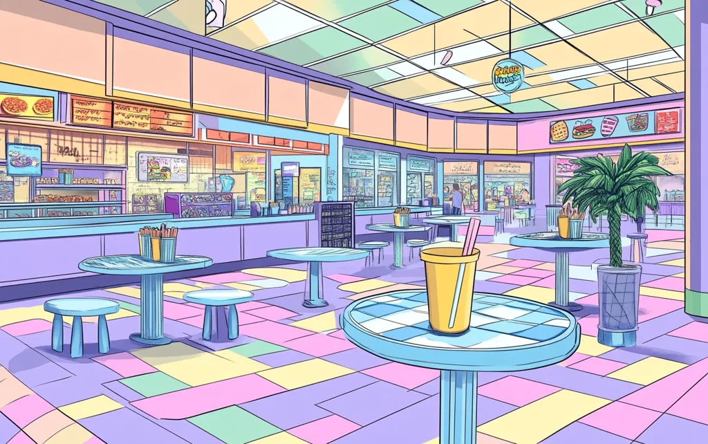 Here's a description of the image:

The illustration depicts a brightly colored, retro-styled food court. Pastel purples, pinks, and yellows dominate the color scheme, creating a cheerful and whimsical atmosphere.  Small, square tables with light blue tops and matching stools are scattered across the tiled floor. A yellow drink with a straw sits on one table.  In the background, various food stalls with menus displaying pizza, burgers, and other snacks line the walls. A potted palm tree adds a tropical touch to the scene.  The overall style is reminiscent of comic book art or 90s animation.