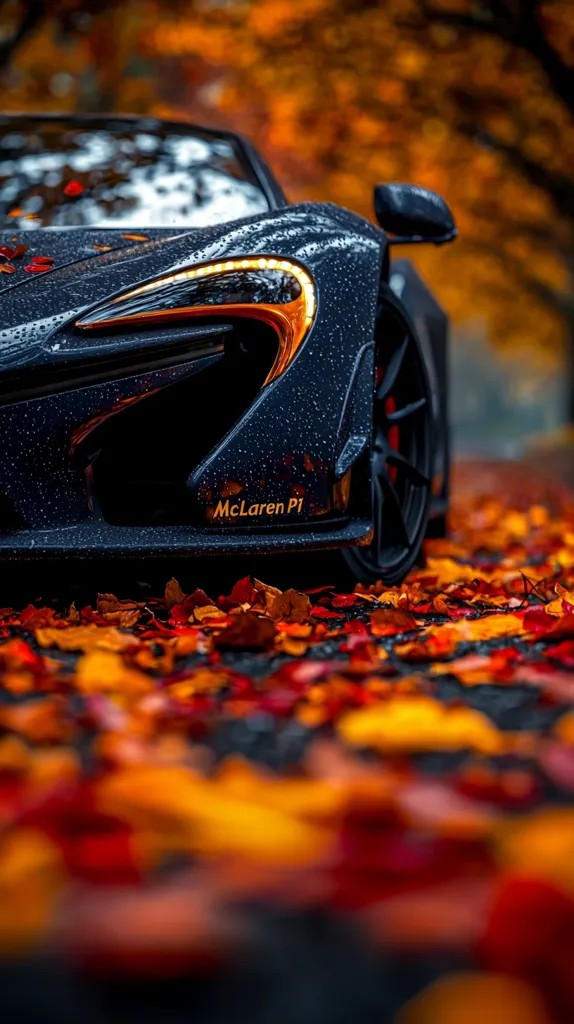 Here's a description of the image:

The close-up shot features the front end of a dark-colored McLaren P1 supercar, its metallic sheen reflecting the ambient light.  Rain droplets are visible on the car's hood, adding to its sleek appearance. The car's golden accents are striking against the dark bodywork. The McLaren P1 logo is subtly displayed on the front bumper. The car is parked on a road covered in a vibrant carpet of fallen autumn leaves, predominantly red and orange, creating a striking contrast between the sleek machine and the warm, natural setting. The background is blurred, showcasing an autumnal landscape of blurred trees in warm, orange hues. The overall mood is one of luxury and autumnal beauty.