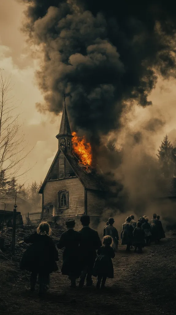 A dark, ominous scene unfolds: a small wooden church engulfed in flames, billowing thick black smoke into a somber sky.  A group of children, silhouetted against the fiery backdrop, walk away from the burning building. Their dark clothing and solemn posture amplify the scene's sense of loss and impending doom.  The overall atmosphere is one of tragedy and foreboding.