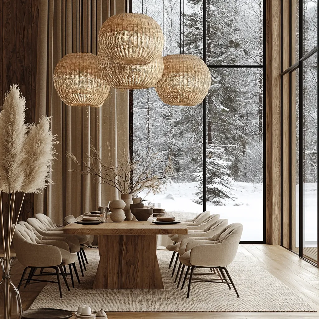 A modern dining room boasts a rustic elegance.  A large, live-edge wooden table is surrounded by beige upholstered chairs, all set against a backdrop of expansive windows showcasing a snow-covered winter landscape.  Three woven, spherical pendant lights hang above, casting a warm glow.  Dried pampas grass adds texture in a corner, complementing the neutral color palette and natural materials throughout the space. The overall feel is serene and minimalist.