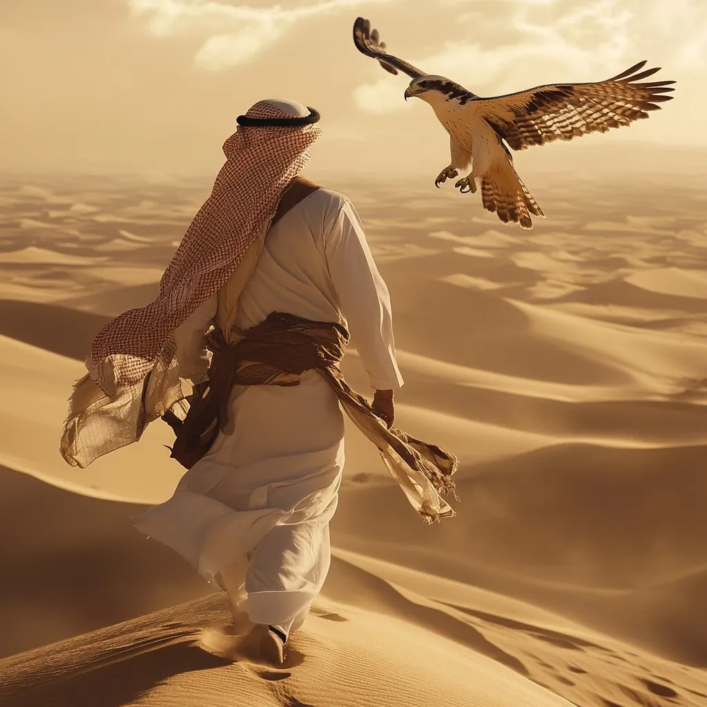Here's a description of the image:

The image depicts a man, dressed in traditional Arab attire—a long white thobe and a red and white checkered keffiyeh—walking across a vast, undulating sand dune desert. His back is to the viewer, and his flowing garment billows slightly in a gentle breeze.  Above him, and slightly to his right, a falcon is in flight, wings outstretched. The setting sun casts a warm, golden light across the scene, creating a serene and majestic atmosphere. The overall impression is one of freedom, solitude, and the harmonious coexistence of man and nature in a harsh but beautiful landscape.