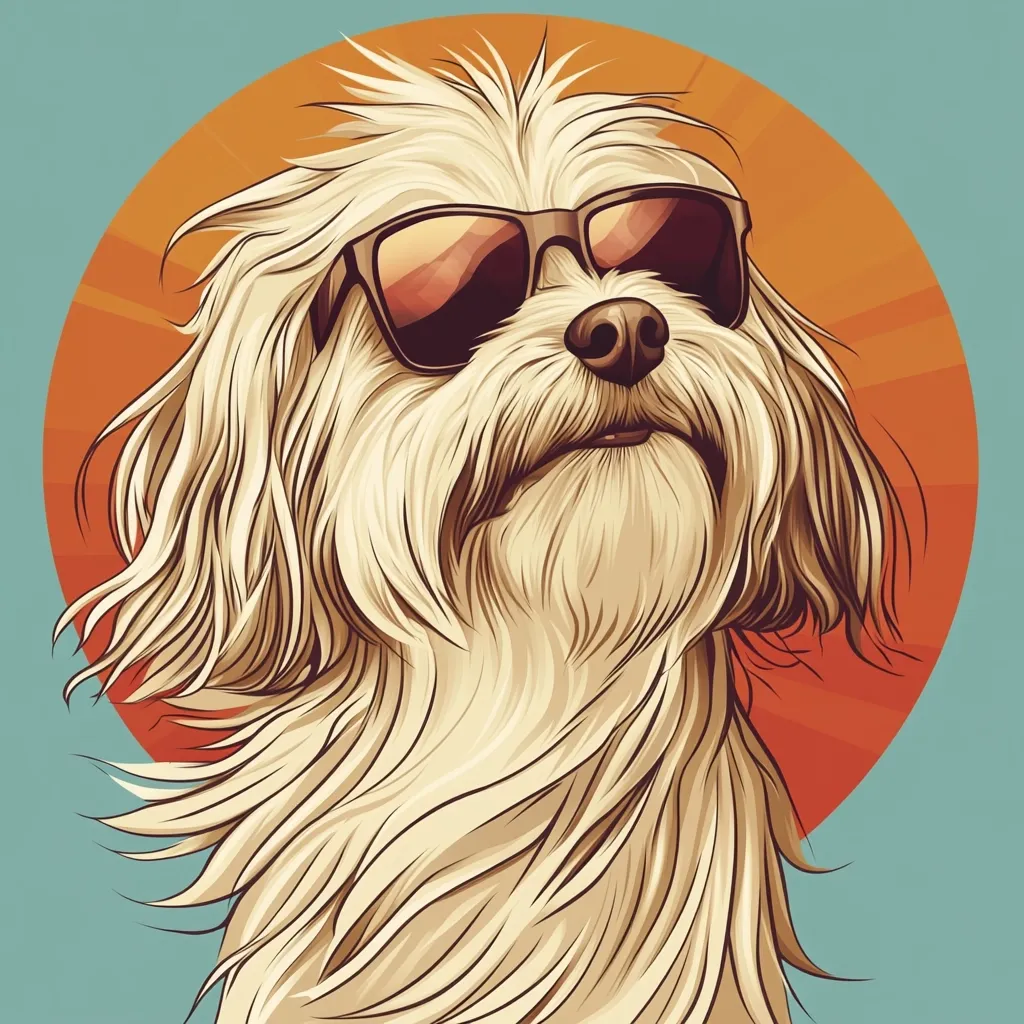Here's a description of the image:

The illustration showcases a fluffy, light beige dog, possibly a Maltese or similar breed,  wearing dark sunglasses.  The dog's fur is meticulously detailed, with each strand seemingly individually rendered.  It's positioned against a vibrant backdrop of an orange sunburst circle set against a teal background. The style is reminiscent of vintage pop art or a retro poster, with bold colors and clean lines. The dog's expression is calm and slightly aloof, enhancing the cool and sophisticated vibe of the piece.