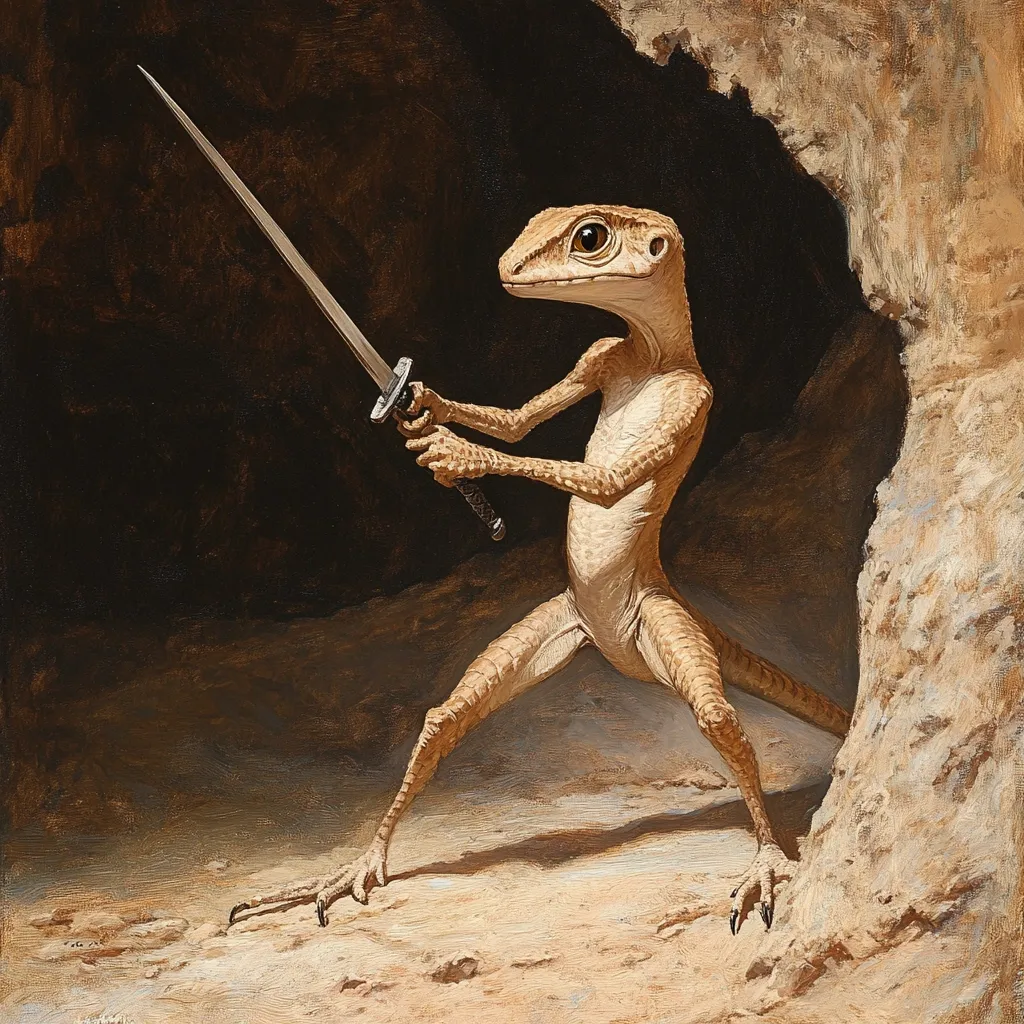 Here's a description of the image:

The painting depicts an anthropomorphic lizard, light tan in color, standing in a dark cave.  It grips a long, slender sword with both hands, its stance suggesting readiness or combat. The lizard's anatomy is reptilian, with clawed feet and scaled skin, but its posture is upright and human-like. The background is shadowy, emphasizing the lizard and its weapon.  The overall style suggests fantasy or mythical art, with a focus on detail in both the creature and the rocky cave walls. The lighting accentuates the texture of the lizard's skin and the rock face.