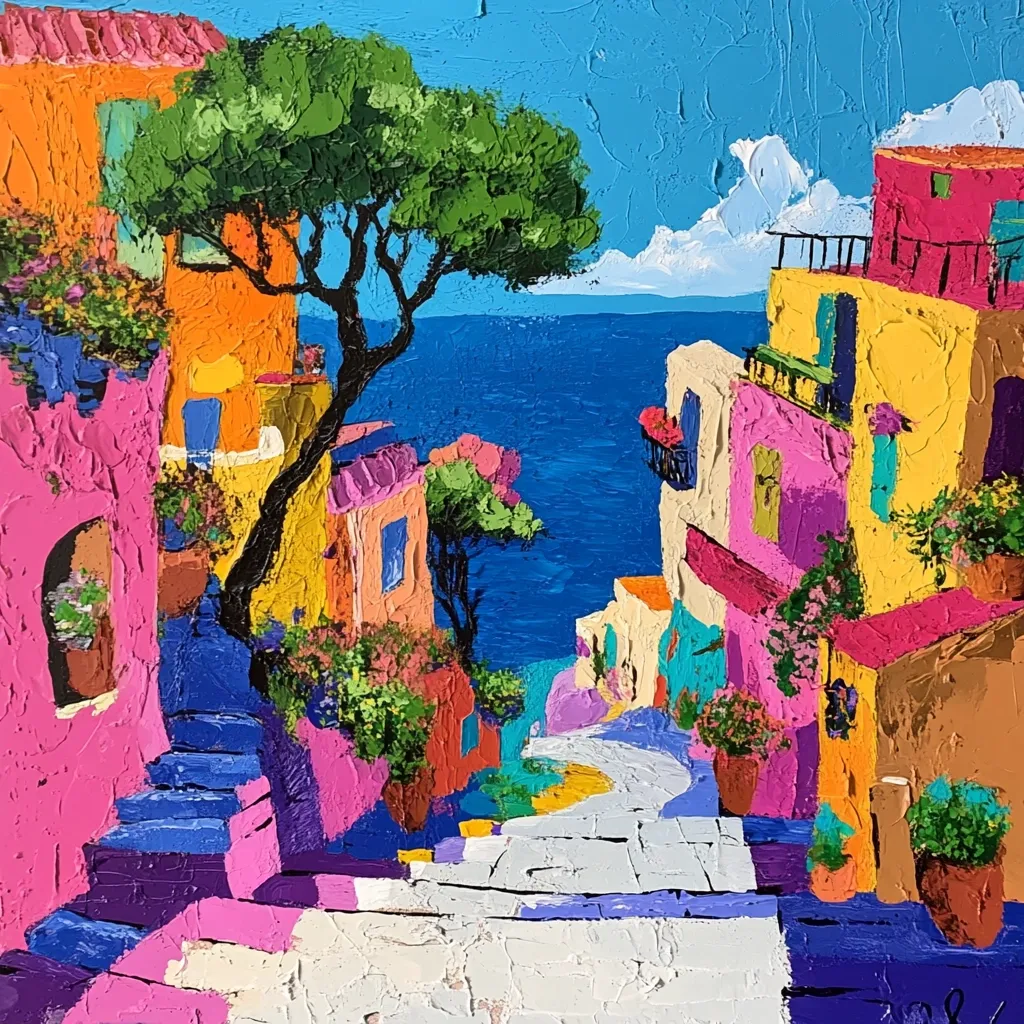 This vibrant painting depicts a picturesque Mediterranean street scene.  Brightly colored buildings in pinks, yellows, and oranges climb a hill towards a sparkling blue sea.  Lush green trees and overflowing flowerpots add to the lively atmosphere.  The thick, impasto style of the paint creates a textured, almost three-dimensional effect, emphasizing the warmth and vibrancy of the scene.  A sense of sunshine and idyllic seaside charm permeates the artwork.