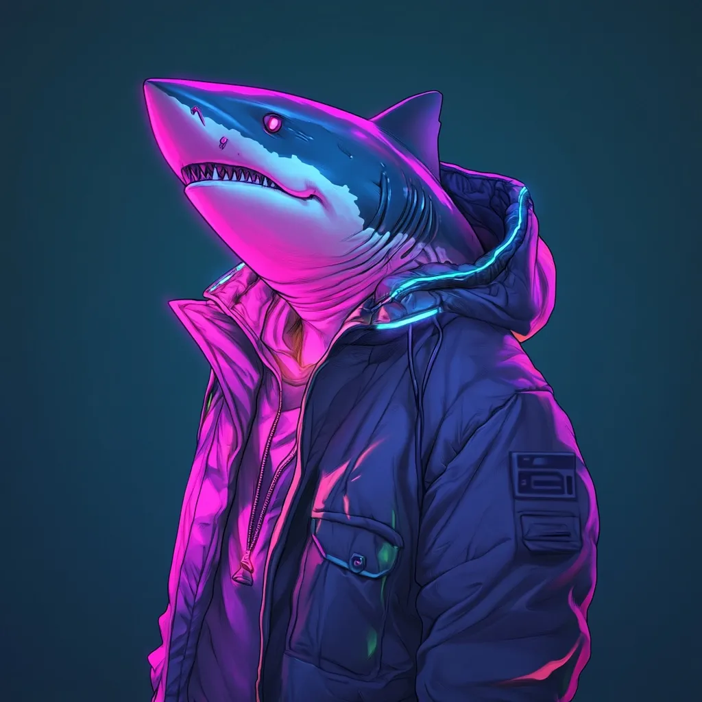 Here's a description of the image:

The artwork depicts a stylized great white shark's head seamlessly integrated into the upper body of a person wearing a dark purple, puffy jacket with a hood.  Neon pink and teal lighting highlights the shark's features and the jacket, creating a vibrant, almost retro-futuristic aesthetic. The shark's expression is neutral, yet the overall style is playful and somewhat surreal. The background is a muted teal, which contrasts with the bright colors of the subject. The jacket has a patch on the sleeve and shows realistic texturing. The overall impression is one of a unique, digitally-created character design.